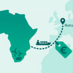 Map of Africa with wind/solar icons and a dashed route to Rotterdam, plus a cargo ship and euro price tag, illustrating the cost of importing green hydrogen.