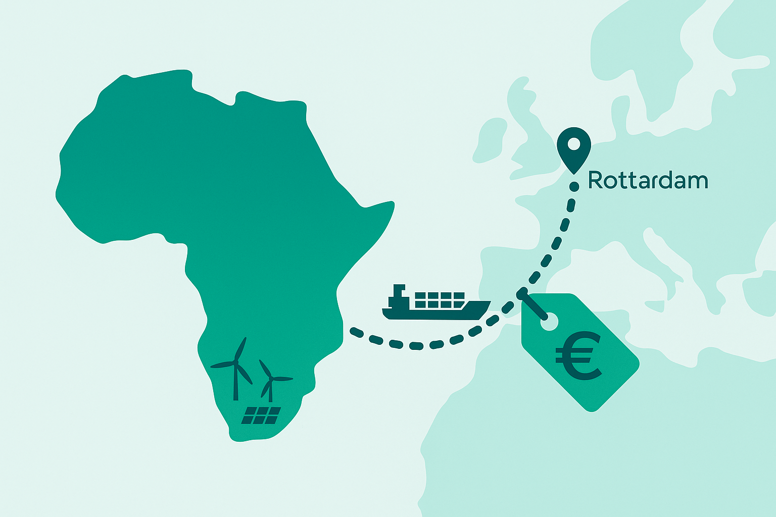 Map of Africa with wind/solar icons and a dashed route to Rotterdam, plus a cargo ship and euro price tag, illustrating the cost of importing green hydrogen.