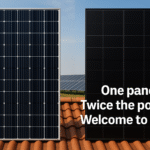 A side-by-side comparison of two solar panels mounted on a rooftop: the left panel is a traditional design with visible front-side busbars, while the right panel is a sleek, modern 700W back-contact panel with no visible wiring. In the background, a solar farm stretches into the horizon under a blue sky. Bold white text on the right reads, “One panel. Twice the power. Welcome to 700W.
