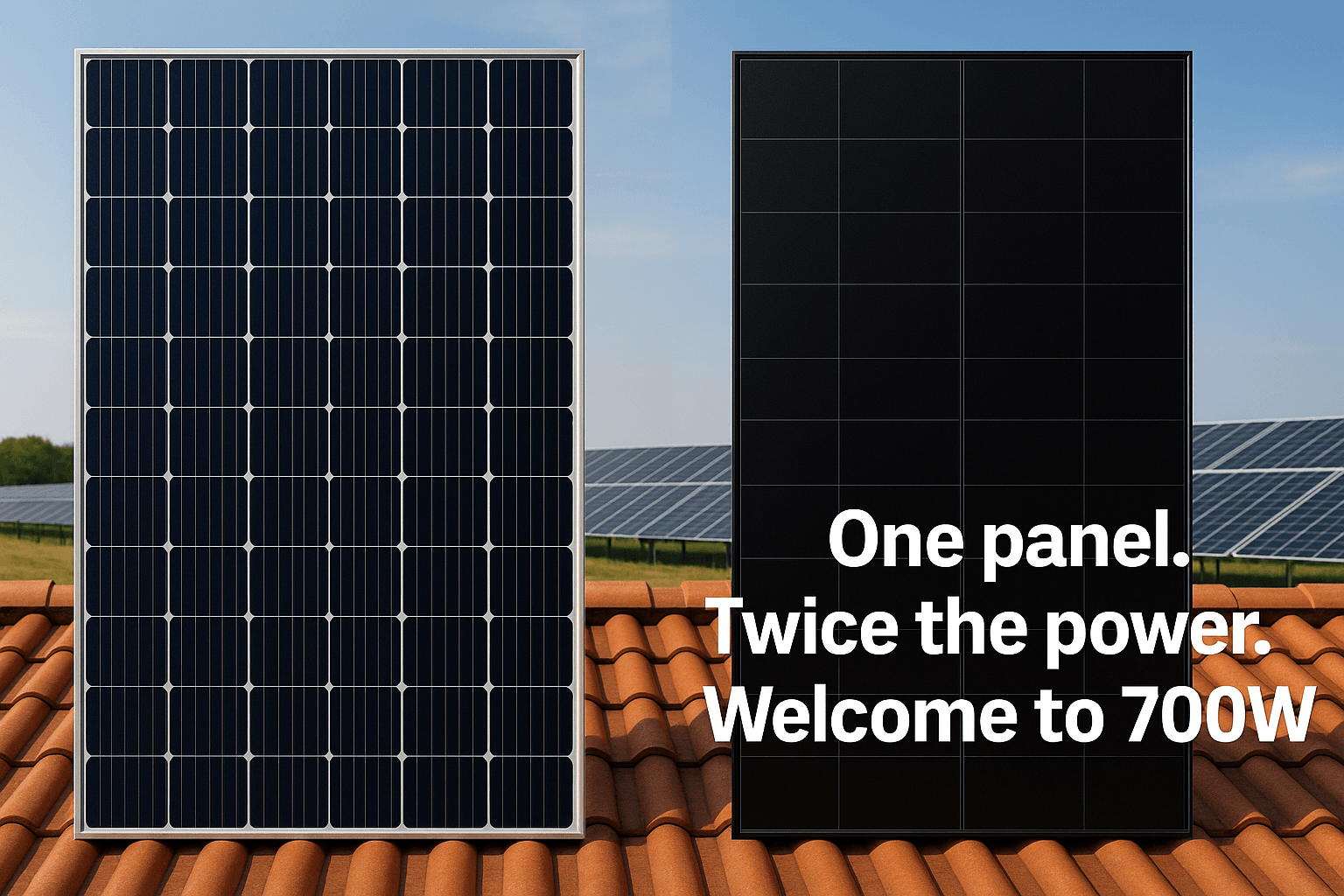 A side-by-side comparison of two solar panels mounted on a rooftop: the left panel is a traditional design with visible front-side busbars, while the right panel is a sleek, modern 700W back-contact panel with no visible wiring. In the background, a solar farm stretches into the horizon under a blue sky. Bold white text on the right reads, “One panel. Twice the power. Welcome to 700W.