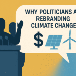 Silhouette of politicians speaking at a podium about cheap clean energy, with icons of a dollar sign, solar panel, and wind turbine symbolizing how climate change is being rebranded in politics.