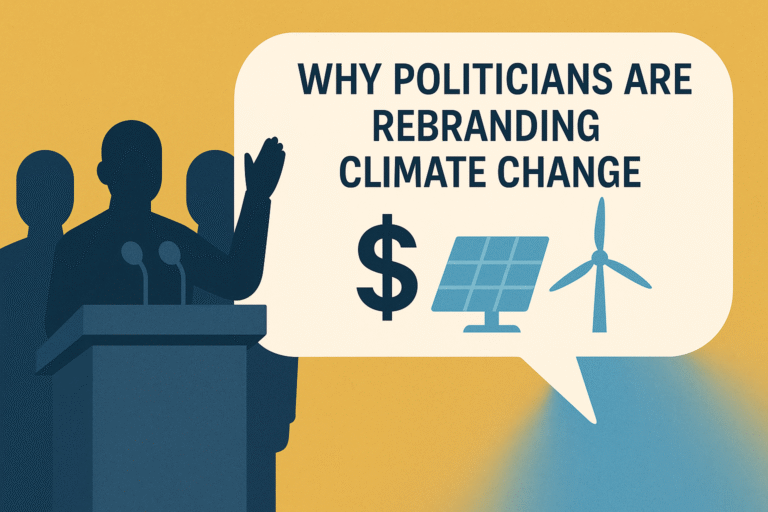 Silhouette of politicians speaking at a podium about cheap clean energy, with icons of a dollar sign, solar panel, and wind turbine symbolizing how climate change is being rebranded in politics.