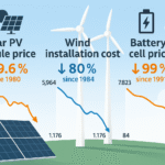 A modern infographic showing cost reductions in solar panels, wind turbines, and battery cells, with downward trending arrows and clean blue-orange design.