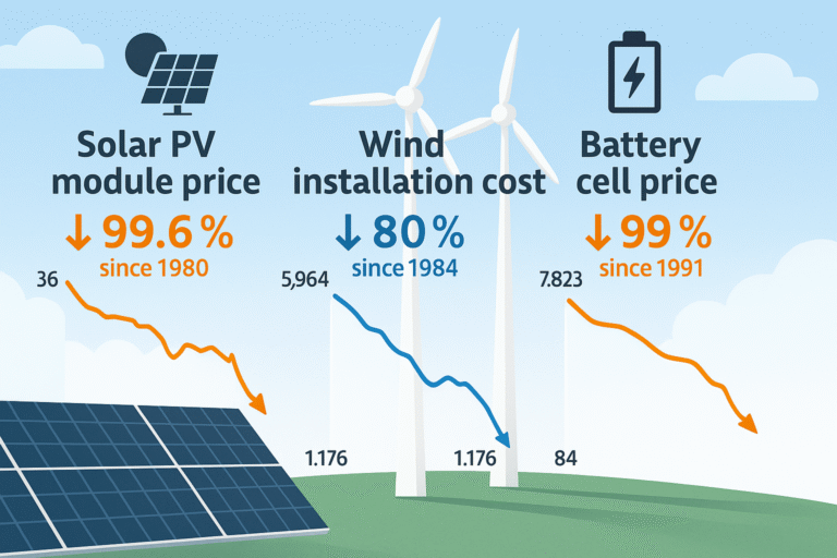 A modern infographic showing cost reductions in solar panels, wind turbines, and battery cells, with downward trending arrows and clean blue-orange design.