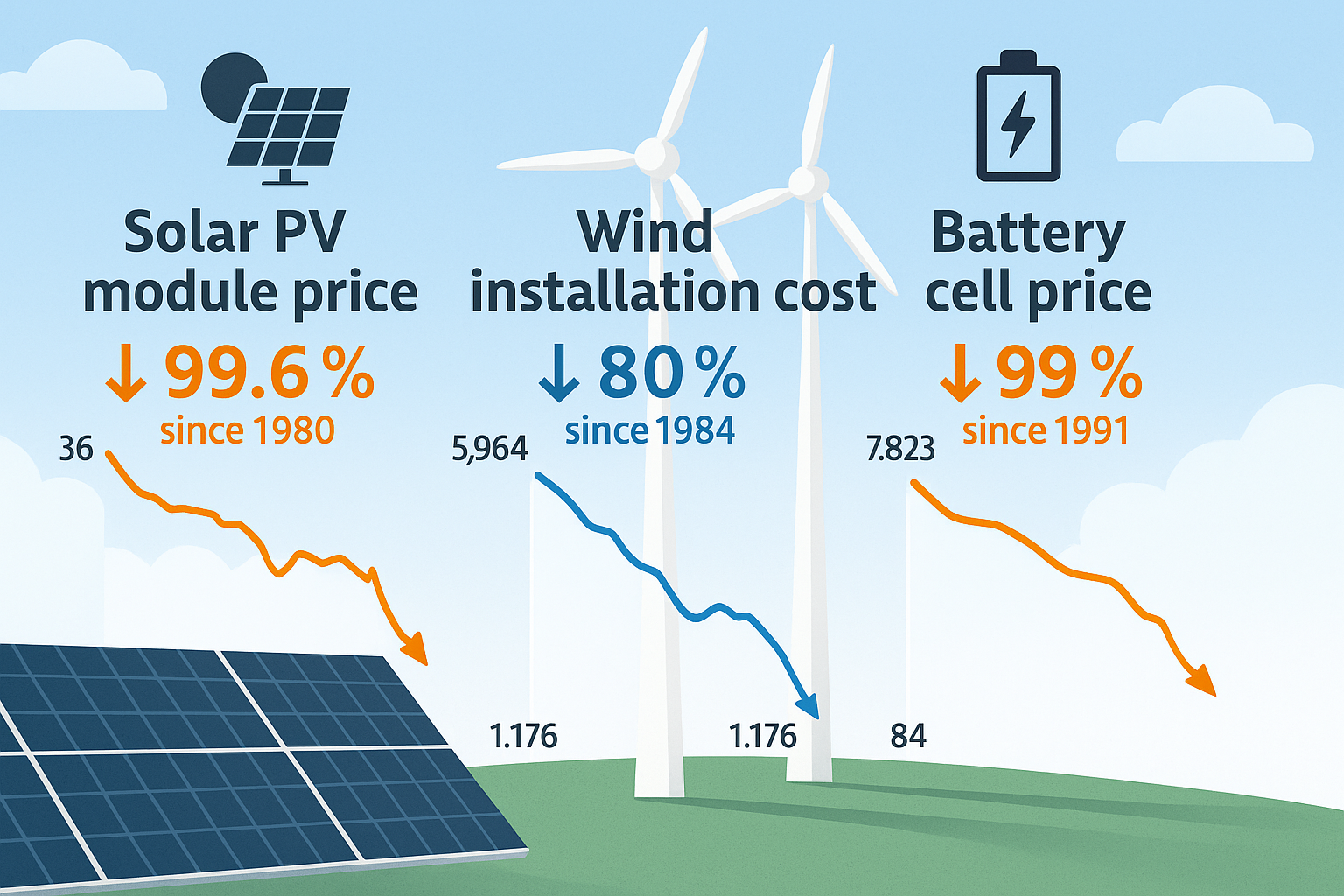 A modern infographic showing cost reductions in solar panels, wind turbines, and battery cells, with downward trending arrows and clean blue-orange design.