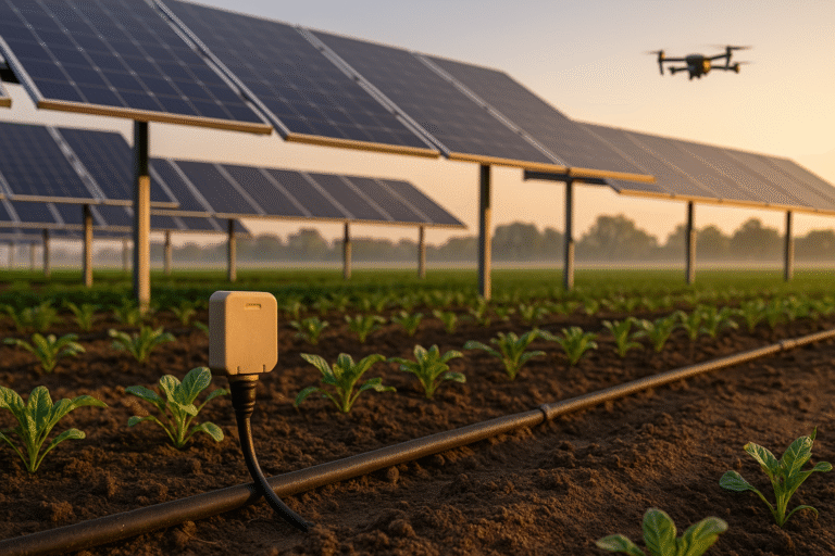 IoT sensor and drip line beneath raised solar panels with a drone scouting the field—smart agrivoltaics.
