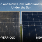 A realistic side-by-side photo showing an old, weathered solar panel next to a new, pristine panel under bright sunlight, symbolizing aging and durability in solar technology.