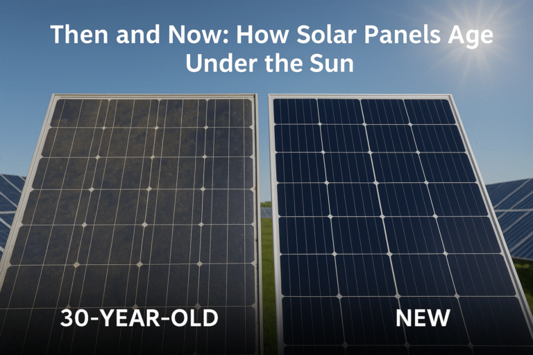 A realistic side-by-side photo showing an old, weathered solar panel next to a new, pristine panel under bright sunlight, symbolizing aging and durability in solar technology.