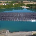 Vertical floating solar plant by SINN Power on a quarry lake in Bavaria, Germany, the world’s first upright floating PV system generating 2 GWh annually