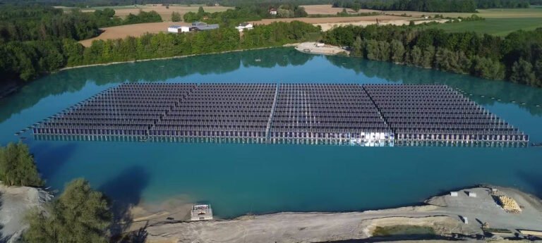 Vertical floating solar plant by SINN Power on a quarry lake in Bavaria, Germany, the world’s first upright floating PV system generating 2 GWh annually
