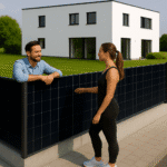 A man and woman talk casually beside a modern ClickWall solar fence outside a minimalist white home. The vertical solar fence integrates seamlessly into the landscape, generating clean energy while preserving privacy.