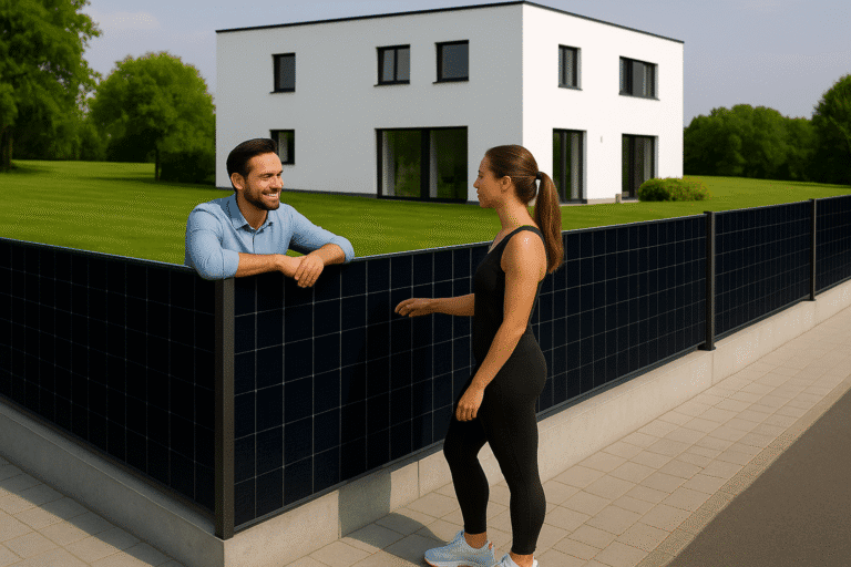 A man and woman talk casually beside a modern ClickWall solar fence outside a minimalist white home. The vertical solar fence integrates seamlessly into the landscape, generating clean energy while preserving privacy.