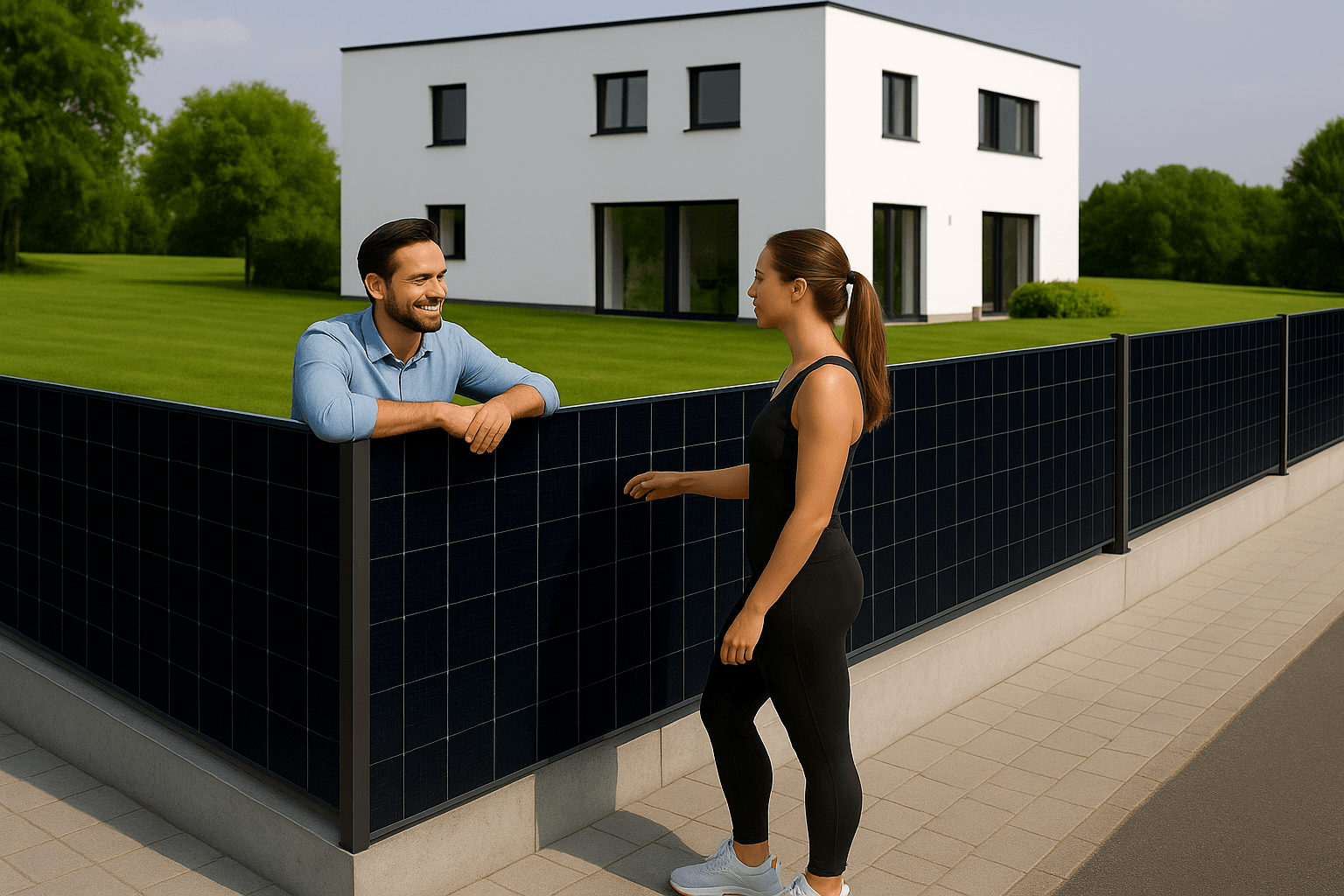 A man and woman talk casually beside a modern ClickWall solar fence outside a minimalist white home. The vertical solar fence integrates seamlessly into the landscape, generating clean energy while preserving privacy.