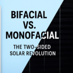Comparison of bifacial and monofacial solar panels showing sunlight hitting both sides of bifacial modules with reflective ground.