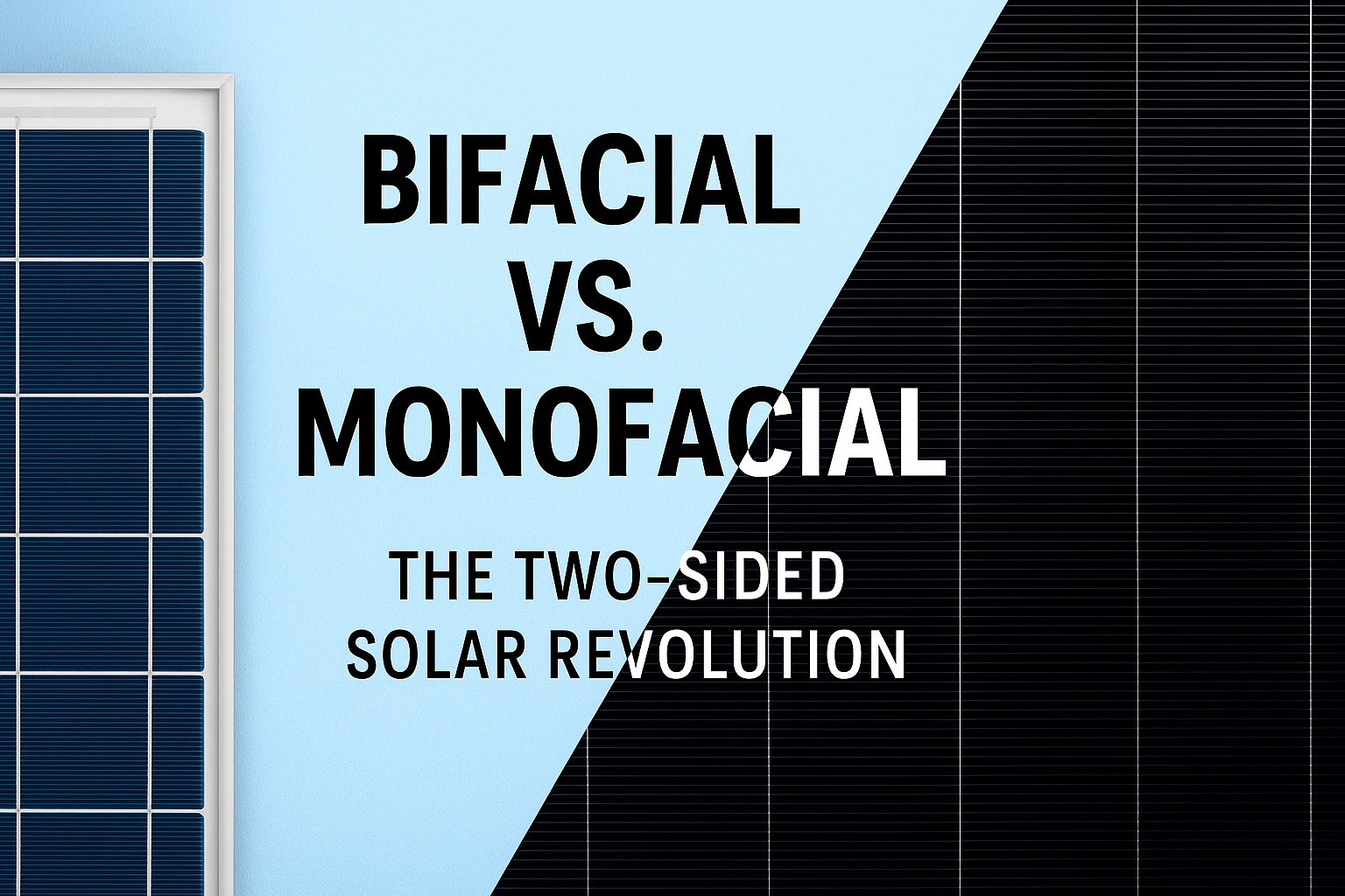 Comparison of bifacial and monofacial solar panels showing sunlight hitting both sides of bifacial modules with reflective ground.