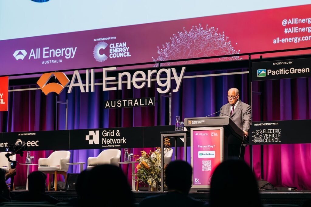 A speaker delivers the opening plenary address at All-Energy Australia 2025 at the Melbourne Convention and Exhibition Centre, hosted in partnership with the Clean Energy Council.