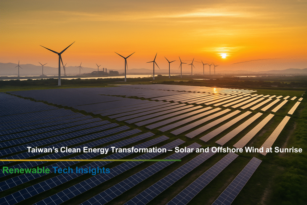 Aerial view of solar farms and offshore wind turbines along Taiwan’s coast at sunrise, symbolizing the nation’s renewable energy transition.