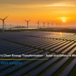 Aerial view of solar farms and offshore wind turbines along Taiwan’s coast at sunrise, symbolizing the nation’s renewable energy transition.