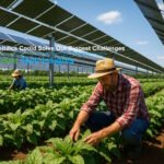 A farmer inspecting healthy green crops beneath elevated solar panels in a large agrivoltaics installation, demonstrating dual food and energy production.