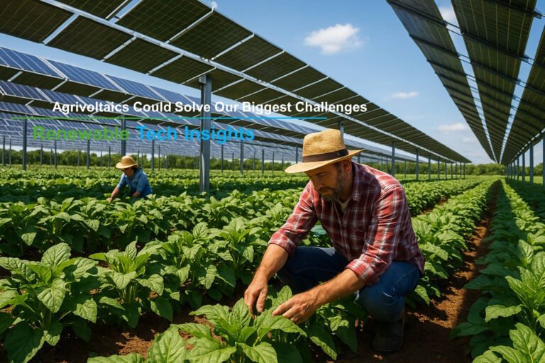 A farmer inspecting healthy green crops beneath elevated solar panels in a large agrivoltaics installation, demonstrating dual food and energy production.