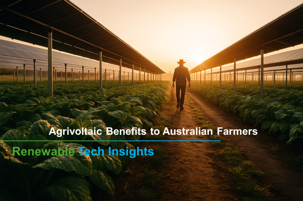 Realistic sunrise photograph of an agrivoltaic farm with solar panels above crops and a farmer walking through, symbolizing sustainable farming and renewable energy
