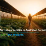 Realistic sunrise photograph of an agrivoltaic farm with solar panels above crops and a farmer walking through, symbolizing sustainable farming and renewable energy