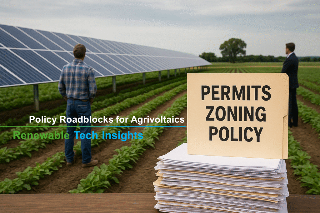 A realistic photo of a farmer standing near a large stack of paperwork labeled “Permits, Zoning, Policy” in front of solar panels installed over crops, symbolising regulatory barriers to agrivoltaics.