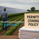 A realistic photo of a farmer standing near a large stack of paperwork labeled “Permits, Zoning, Policy” in front of solar panels installed over crops, symbolising regulatory barriers to agrivoltaics.