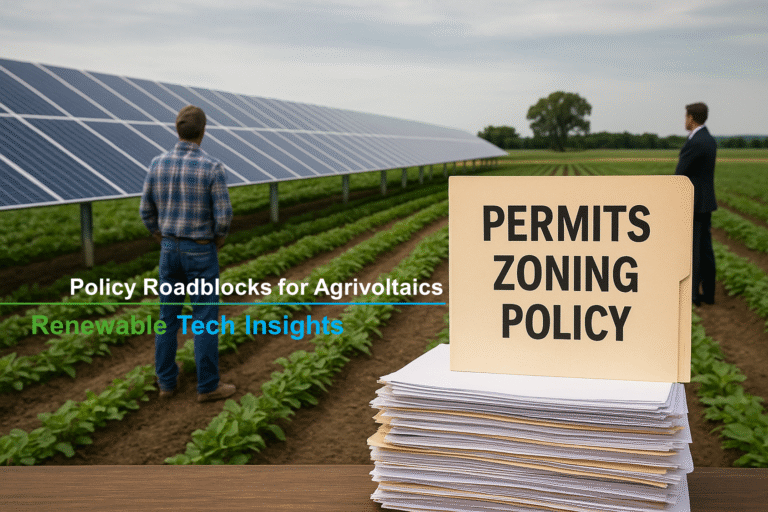 A realistic photo of a farmer standing near a large stack of paperwork labeled “Permits, Zoning, Policy” in front of solar panels installed over crops, symbolising regulatory barriers to agrivoltaics.