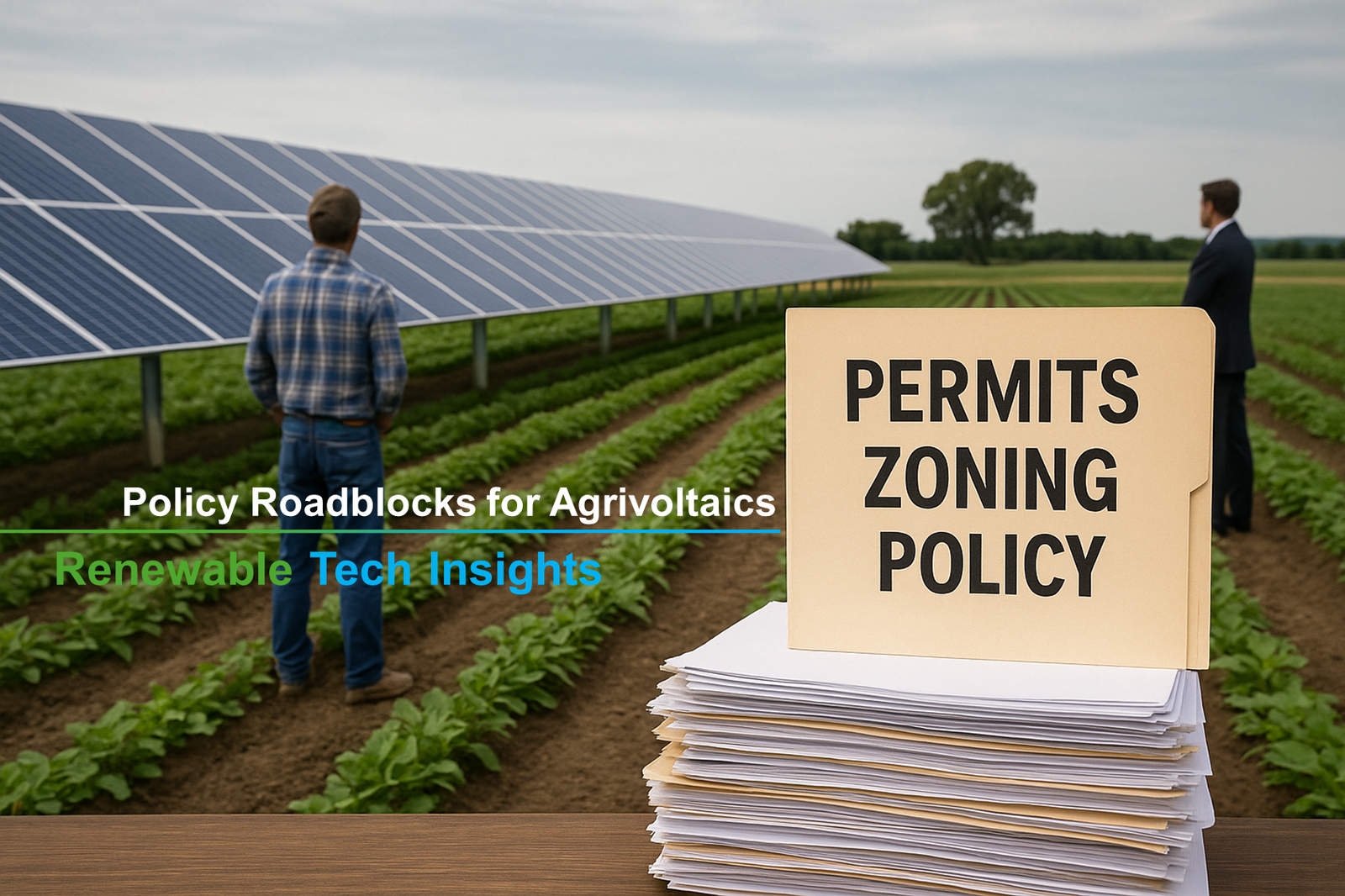 A realistic photo of a farmer standing near a large stack of paperwork labeled “Permits, Zoning, Policy” in front of solar panels installed over crops, symbolising regulatory barriers to agrivoltaics.