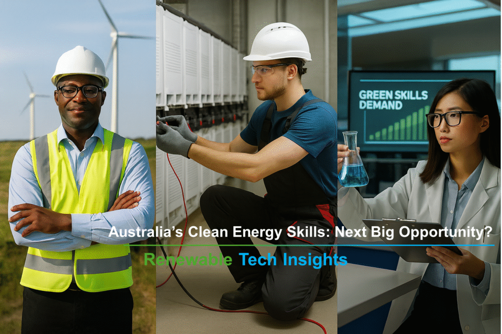 A composite photograph of three clean-energy professionals: a solar engineer at a wind-and-solar farm, a battery technician working on energy storage systems, and a laboratory researcher analysing green technology data.