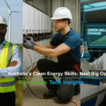 A composite photograph of three clean-energy professionals: a solar engineer at a wind-and-solar farm, a battery technician working on energy storage systems, and a laboratory researcher analysing green technology data.
