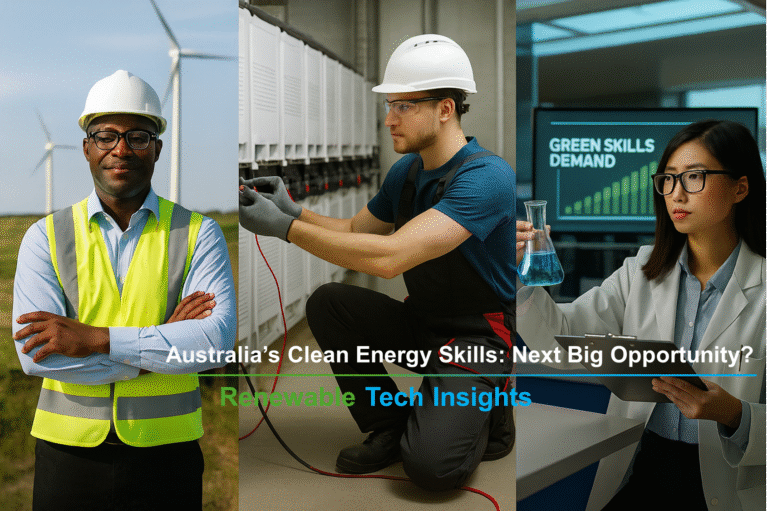 A composite photograph of three clean-energy professionals: a solar engineer at a wind-and-solar farm, a battery technician working on energy storage systems, and a laboratory researcher analysing green technology data.