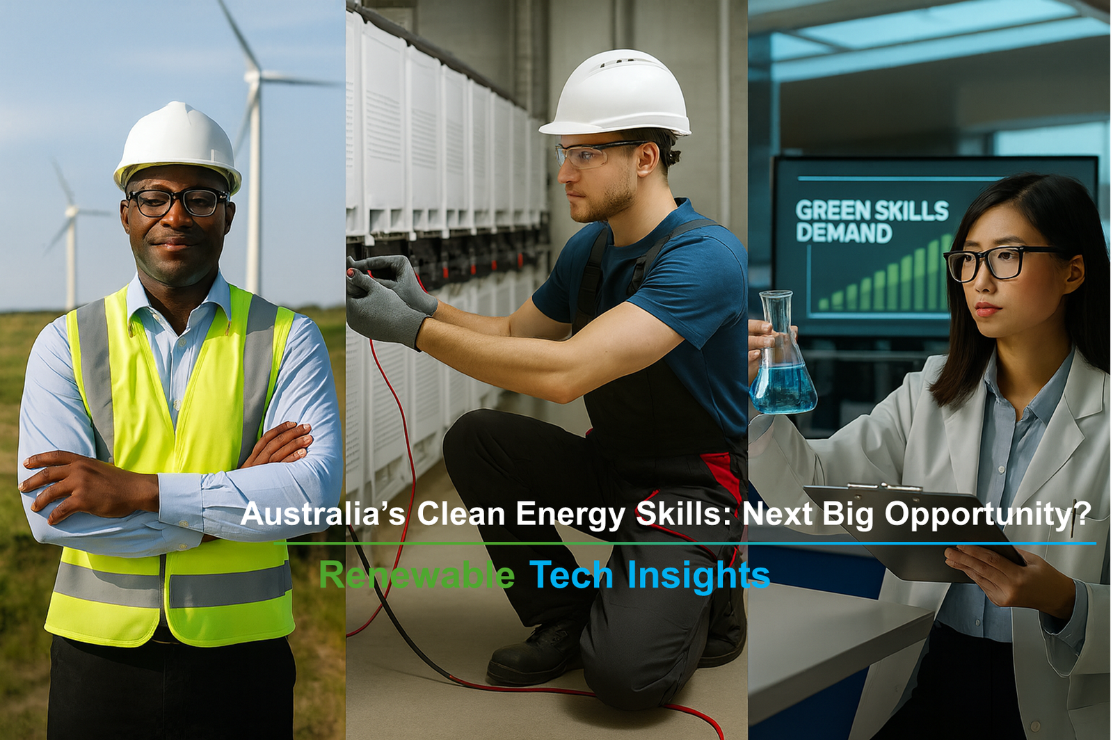 A composite photograph of three clean-energy professionals: a solar engineer at a wind-and-solar farm, a battery technician working on energy storage systems, and a laboratory researcher analysing green technology data.