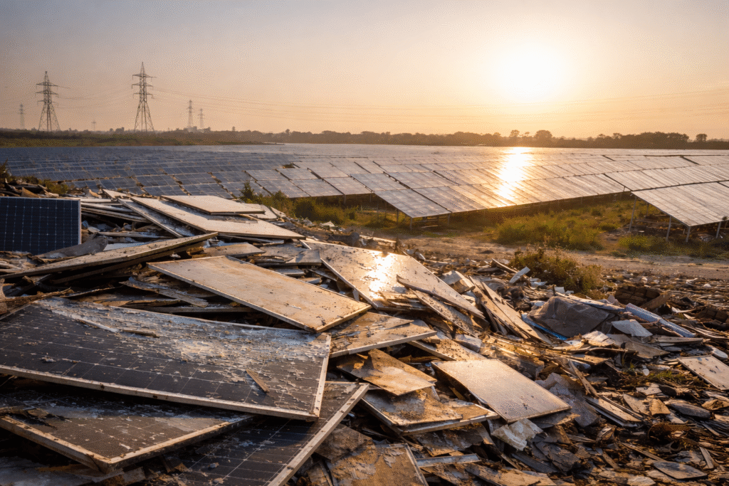 Discarded solar panels piled in the foreground with an active solar power plant in the background, highlighting India’s emerging solar waste challenge.