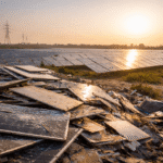 Discarded solar panels piled in the foreground with an active solar power plant in the background, highlighting India’s emerging solar waste challenge.