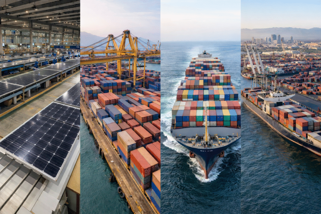 Indian solar panel manufacturing and shipping routes exporting solar modules to US ports.