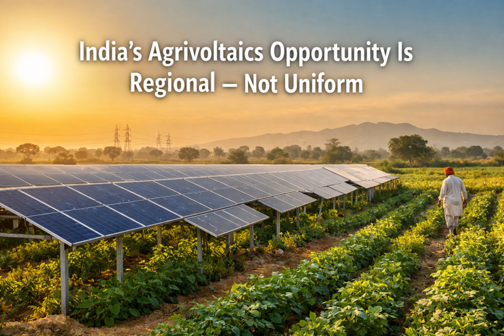 Agrivoltaic solar panels installed above agricultural land in India, representing regions where AgriPV shows high potential based on climate, water stress, and solar resources.