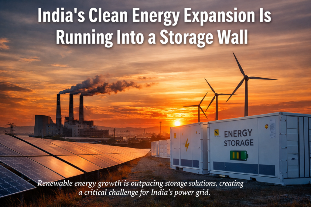 Grid-scale battery energy storage containers next to a large solar farm at sunset in India