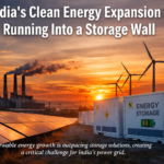 Grid-scale battery energy storage containers next to a large solar farm at sunset in India