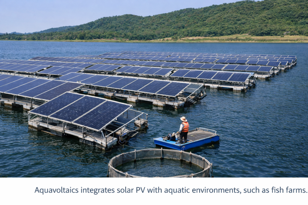 Solar panels mounted over a water reservoir or fishpond, illustrating aquavoltaics and integrated water-based agrivoltaics systems.