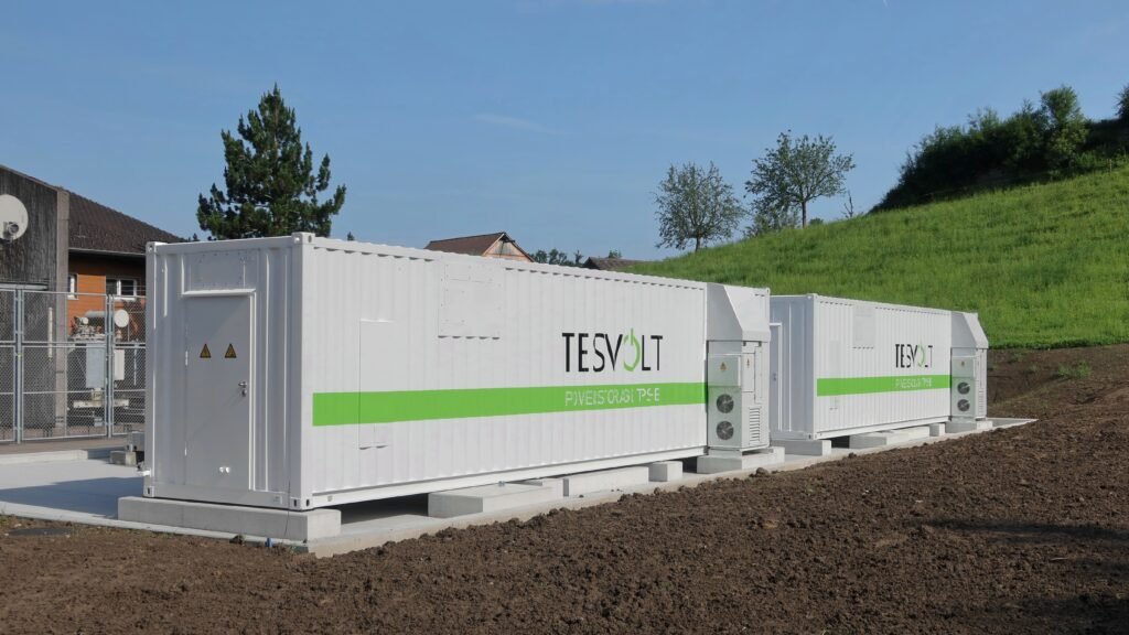 Two containerized grid-scale battery storage units installed outdoors, representing utility-scale clean energy storage used to balance solar and wind power.