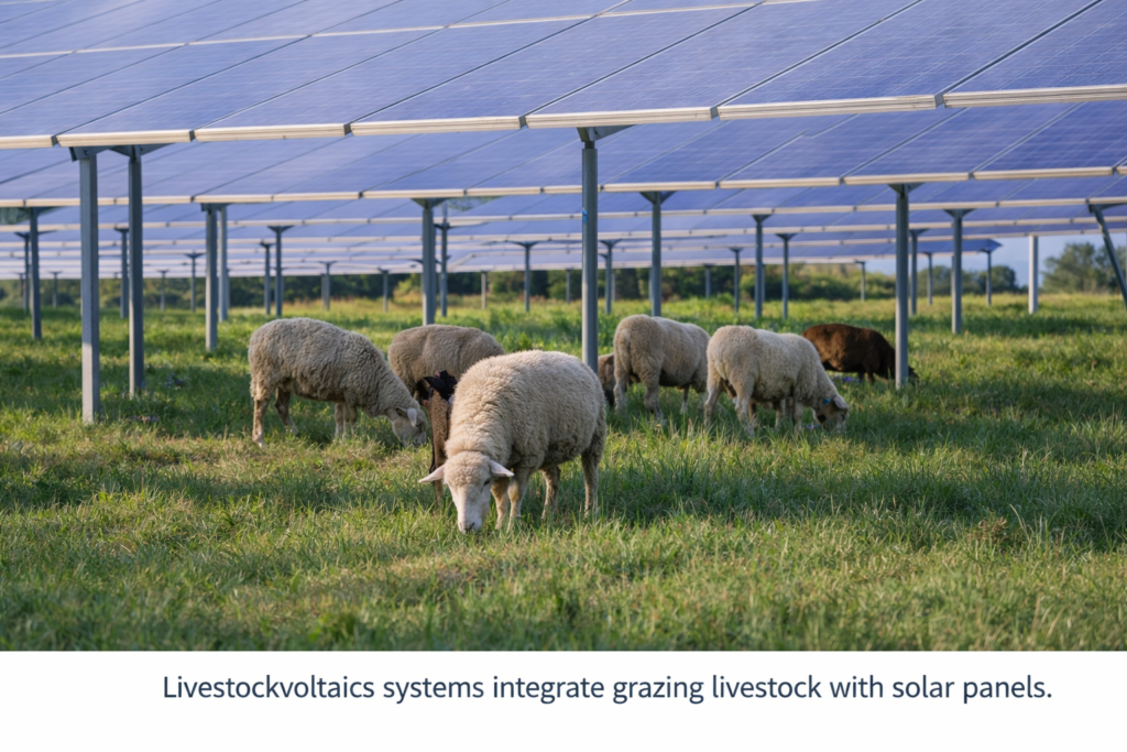 Sheep grazing beneath elevated photovoltaic panels on farmland, illustrating a livestockvoltaics agrivoltaics system.